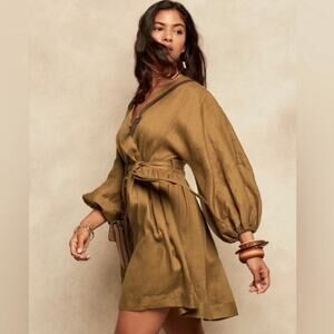 Banana Republic Size 2 100% Linen Balloon Sleeve Mini Dress Dry Mustard‎